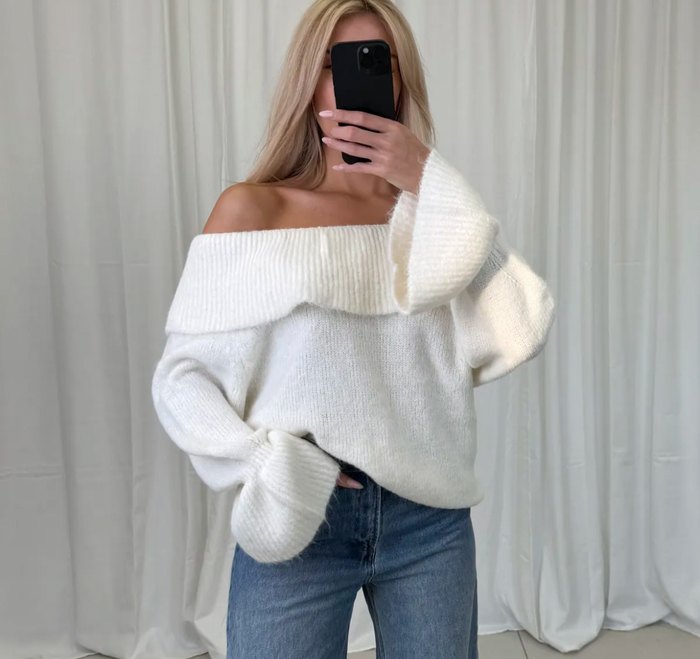 Oversize Off-Shoulder Strickpullover mit weitem Kragen | Weiß