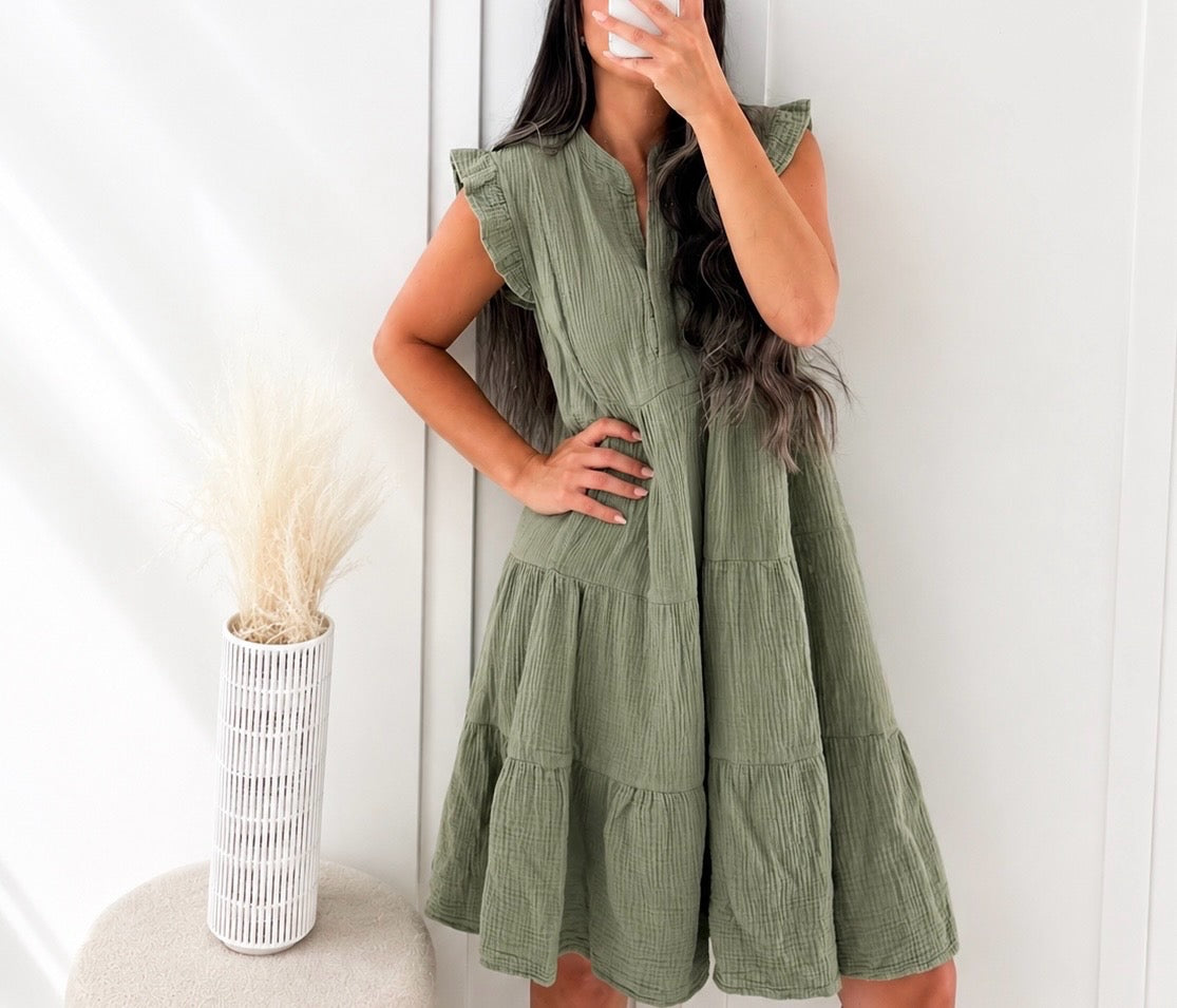 Baumwollkleid mit Volantdetails – One Size | Khaki