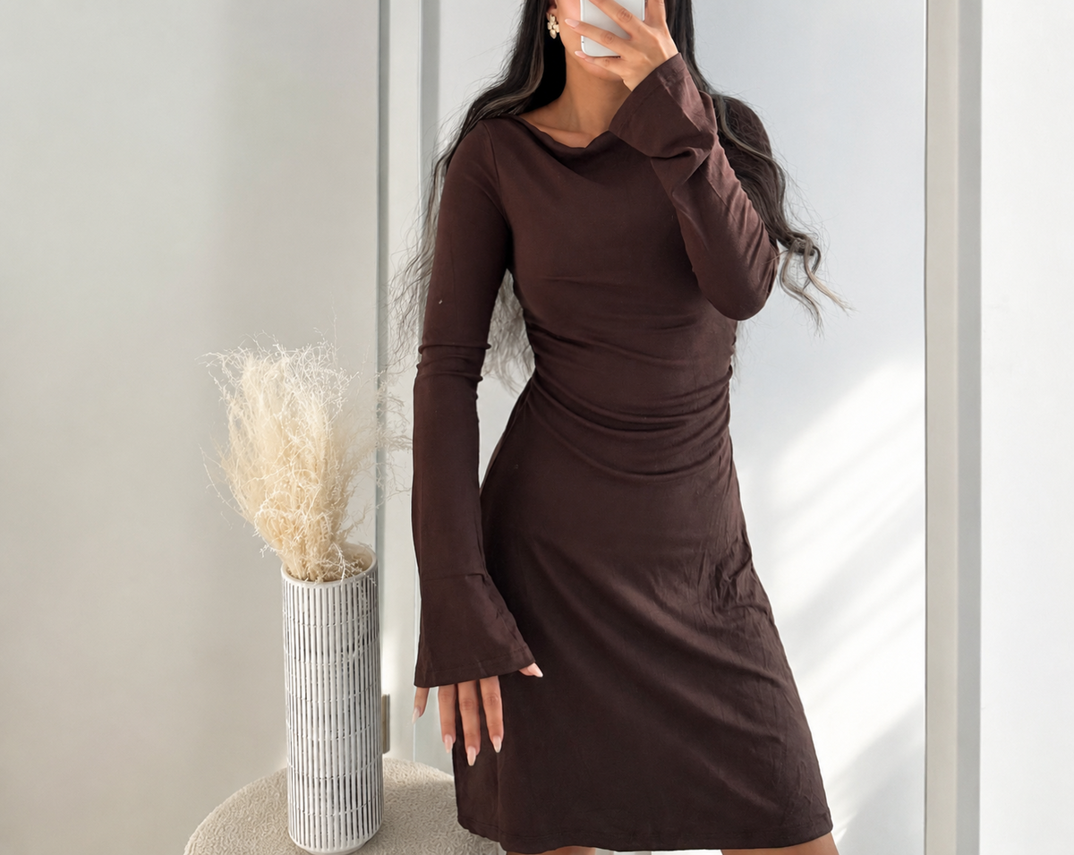 Elegantes Minikleid mit Trompetenärmeln | Braun