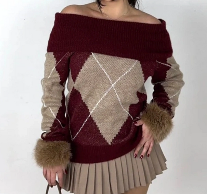 Vorbestellung - Off-Shoulder Argyle Strickpullover | Weinrot