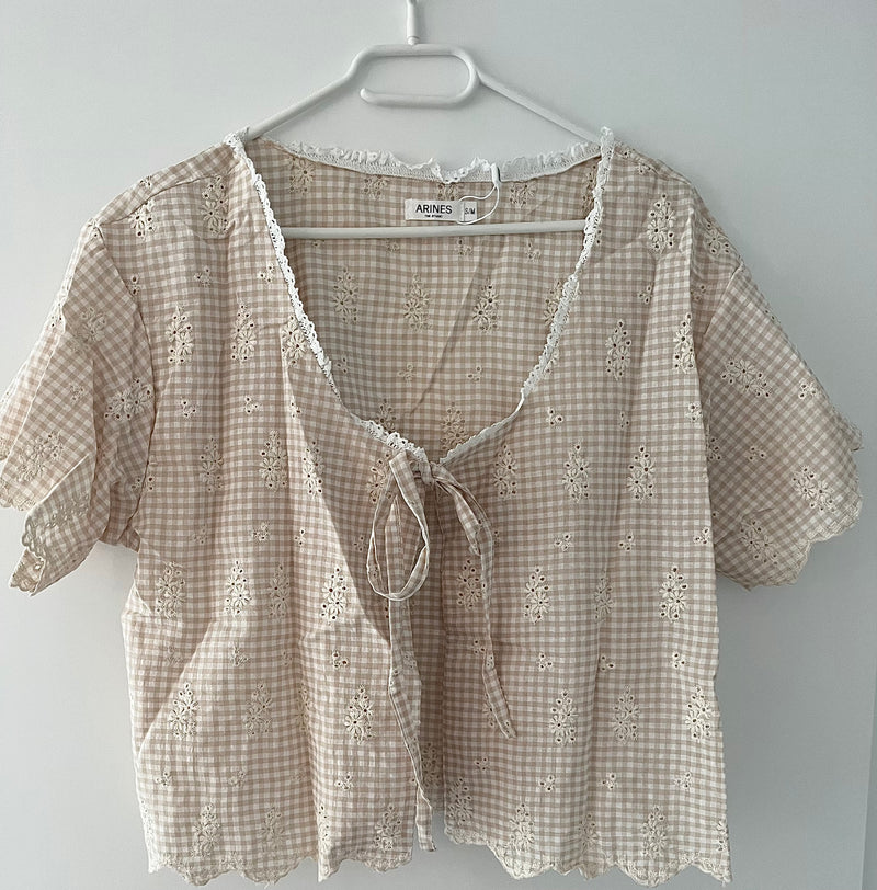 Kurzarm Bluse mit Karomuster | Beige