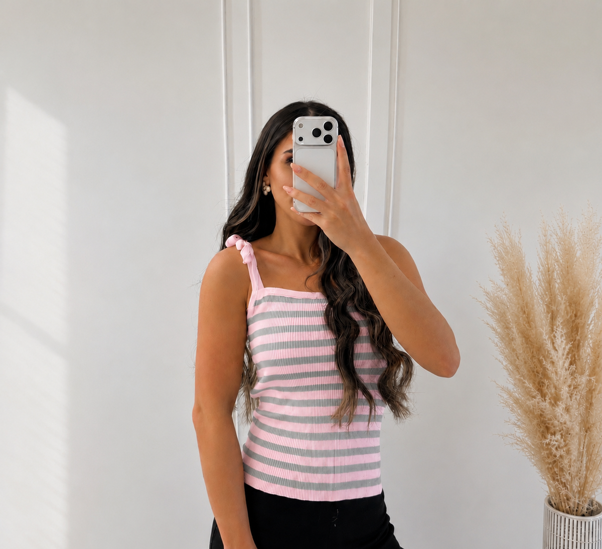Stricktop mit Schleifenträgern & Streifenmuster | Rosa