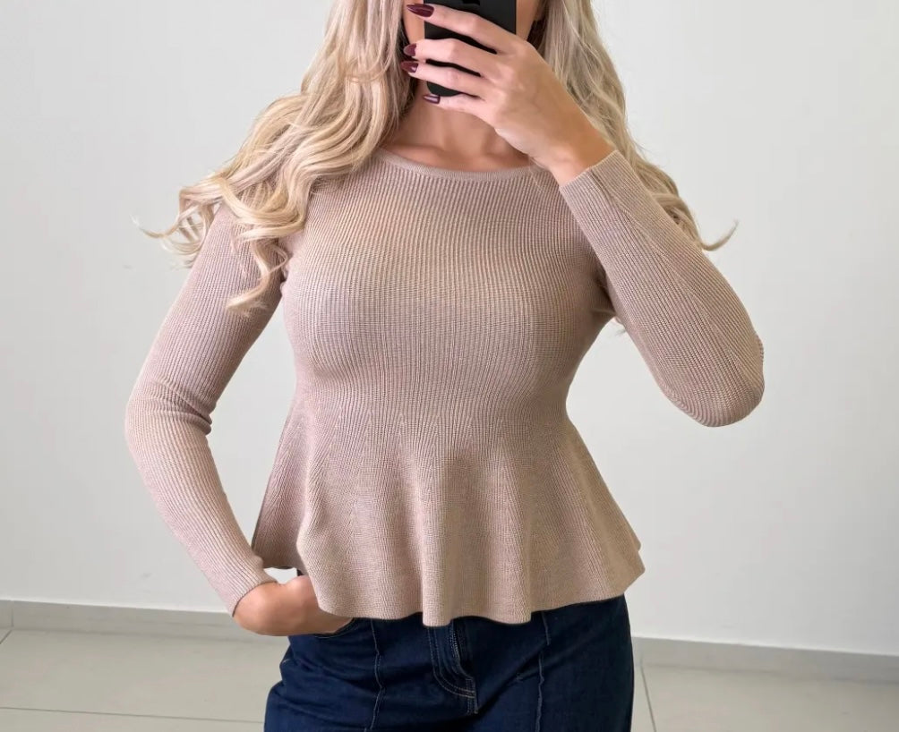 Rippstrick Peplum Oberteil - Beige