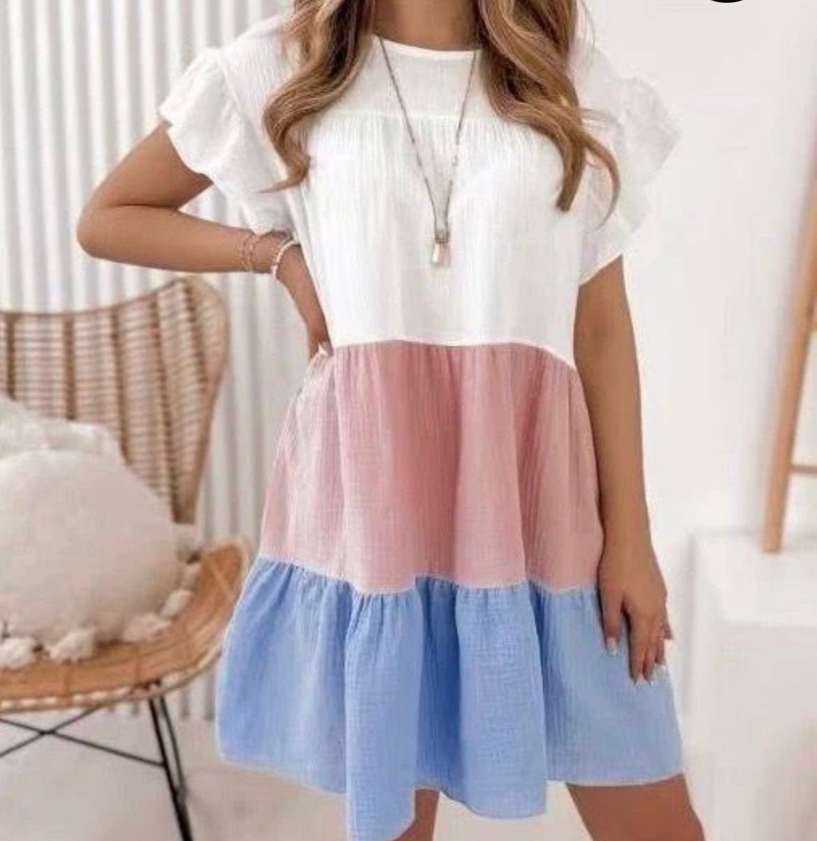 Vorbestellung | Sommerkleid Baumwolle Colorblock – Volantärmel Freizeitkleid Kurzarm | Blau