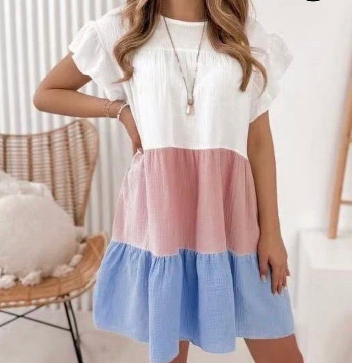 Sommerkleid Baumwolle Colorblock – Volantärmel Freizeitkleid Kurzarm | Blau