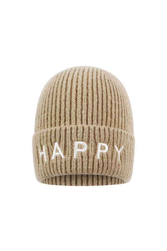 Strickmütze, Beanie „HAPPY“ | Beige