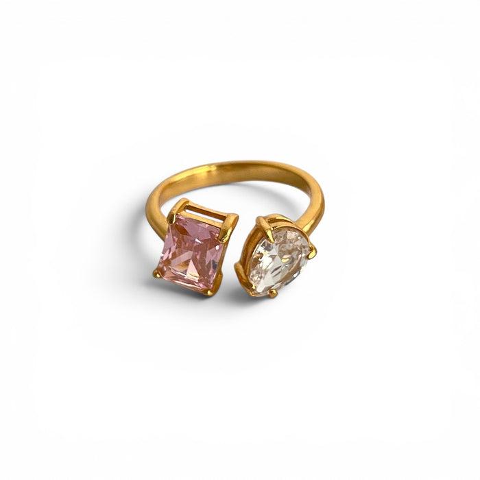 Größenverstellbarer Ring rosa – Edelstahl vergoldet mit Zirkonia