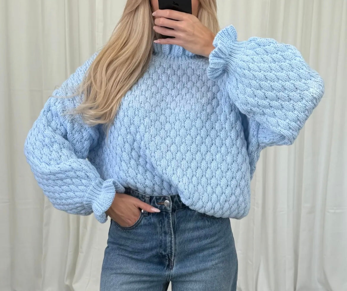 Strukturstrick Pullover mit Puffärmeln – Blau