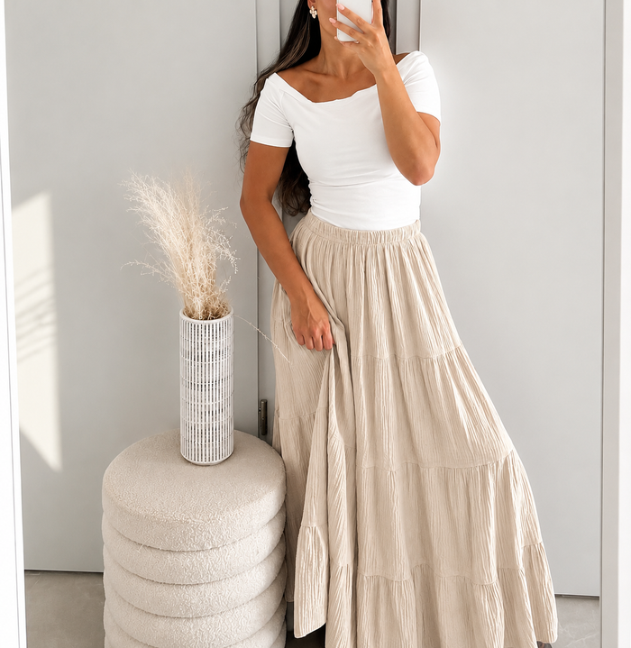 Musselin Maxirock aus Baumwolle – Luftiger Sommerrock mit Elastikbund | Beige