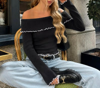 Rippstrick Off-Shoulder Pullover mit Volant | verschiedene Farben