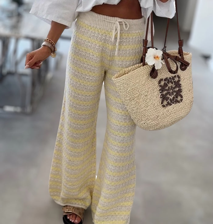 Gestreifte Strickhose mit Gummibund - Beige/Gelb
