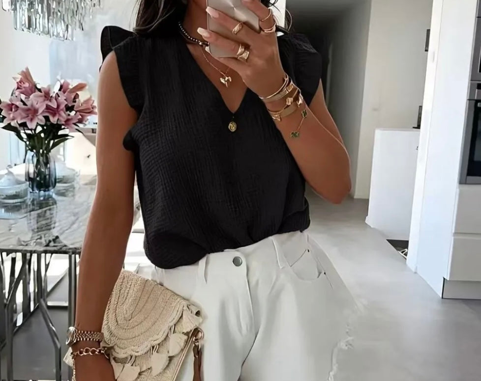 Musselin Bluse mit Volantärmeln – Lockere Sommer Bluse mit V-Ausschnitt | Schwarz