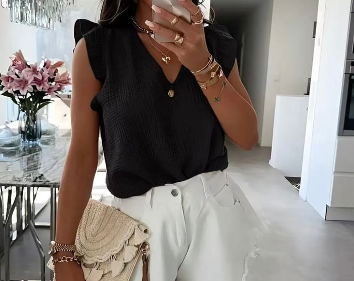 Musselin Bluse mit Volantärmeln – Lockere Sommer Bluse mit V-Ausschnitt | Schwarz