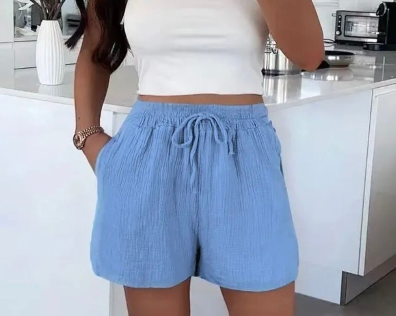 Musselin Shorts aus Baumwolle – Luftige Sommer Shorts mit Elastikbund | Blau