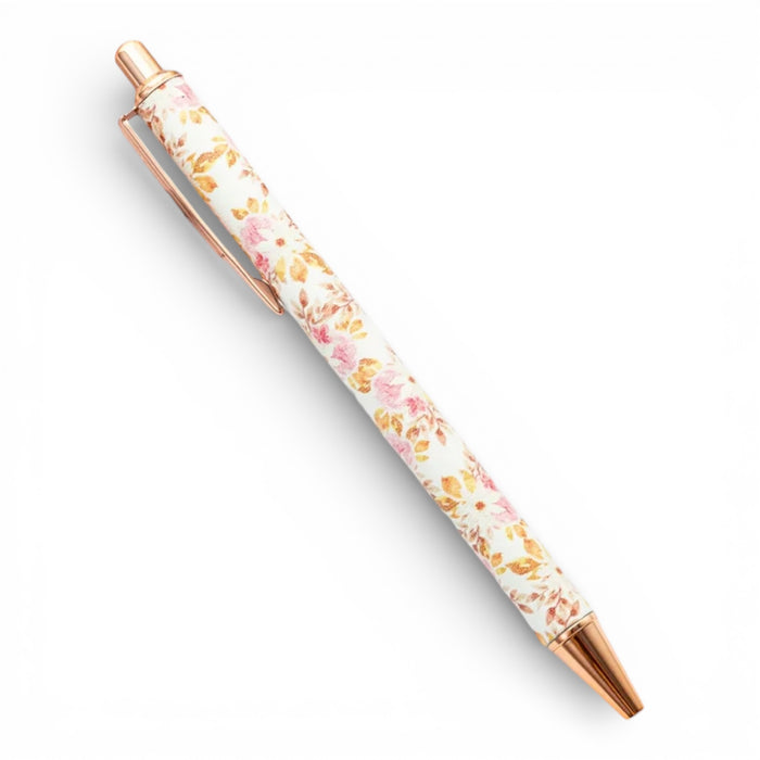Floraler Kugelschreiber Rosa/ Weiß – Schreibstift mit Blumenmuster & Roségold-Details