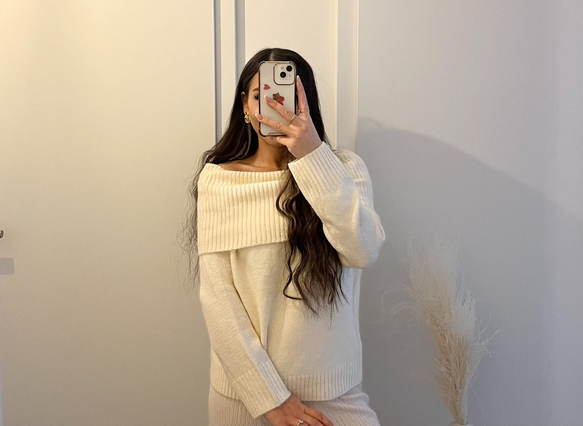Off-Shoulder Strickpullover mit weitem Kragen & langen Ärmeln | Creme