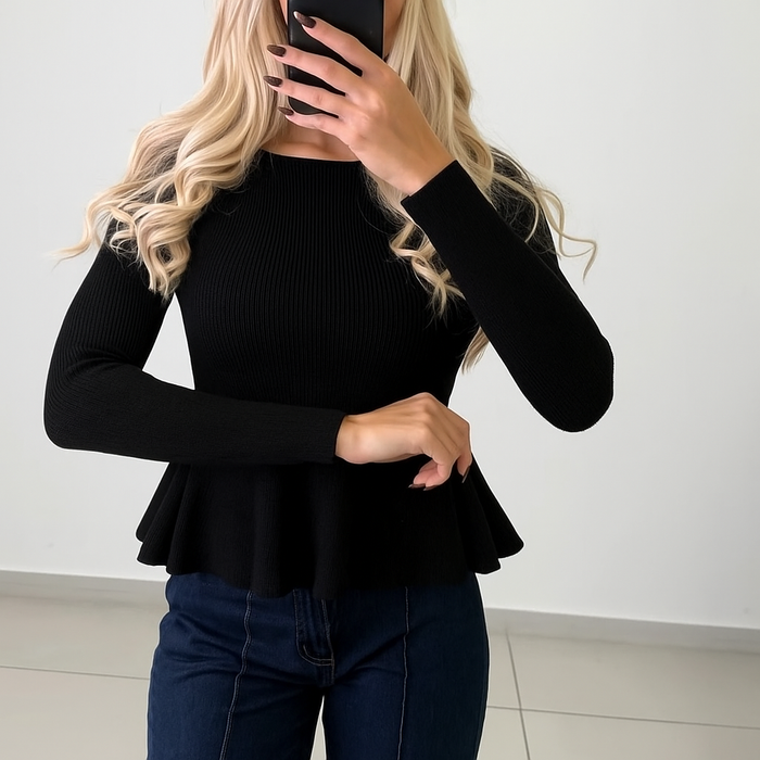 Rippstrick Peplum Oberteil - Schwarz