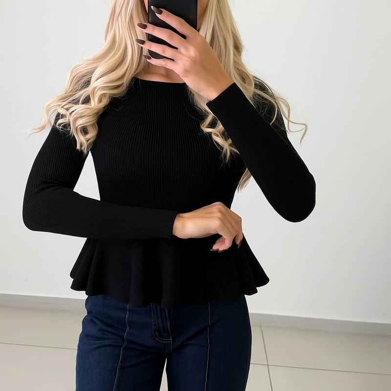 Rippstrick Peplum Oberteil - Schwarz