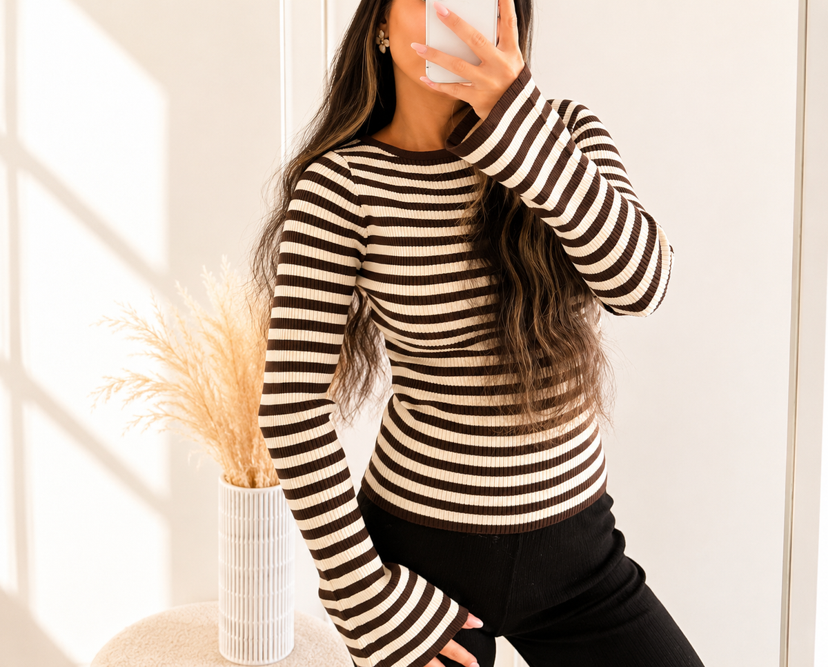 Elegant Rib Knit Longsleeve | braun / Creme