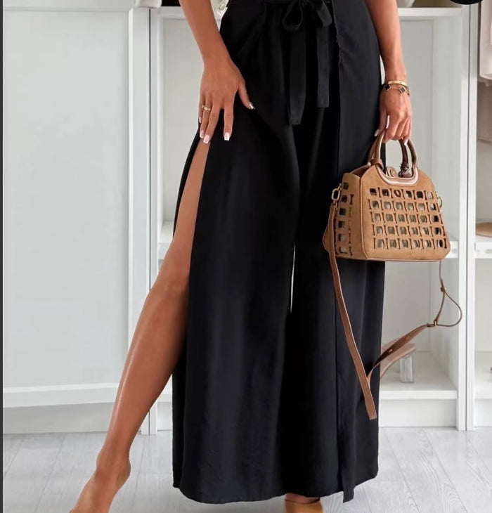 Palazzo Hose mit Schlitz – Leinen Viskose Sommerhose mit Bindegürtel | Schwarz