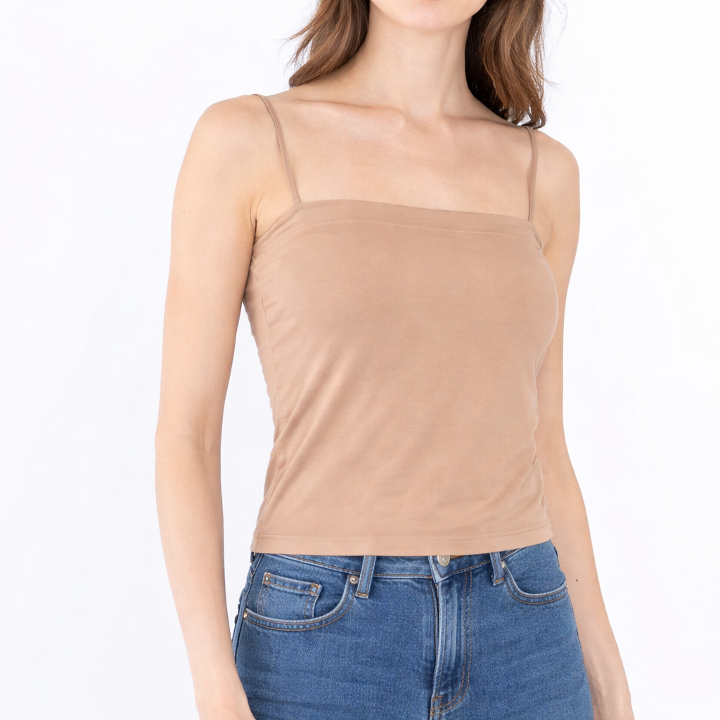 Spaghettiträger Top mit integriertem BH – Basic Top mit Stretch – Beige