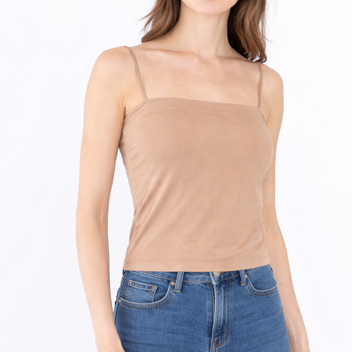 Spaghettiträger Top mit integriertem BH – Basic Top mit Stretch – Beige