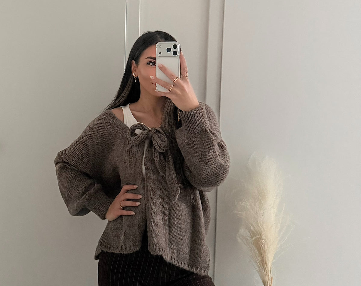 Strickcardigan mit Schleife - Taupe