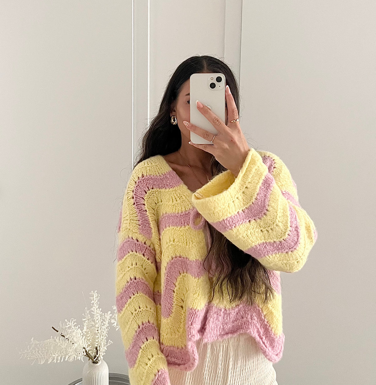 Strick-Cardigan mit Streifenmuster – Rosa/Gelb