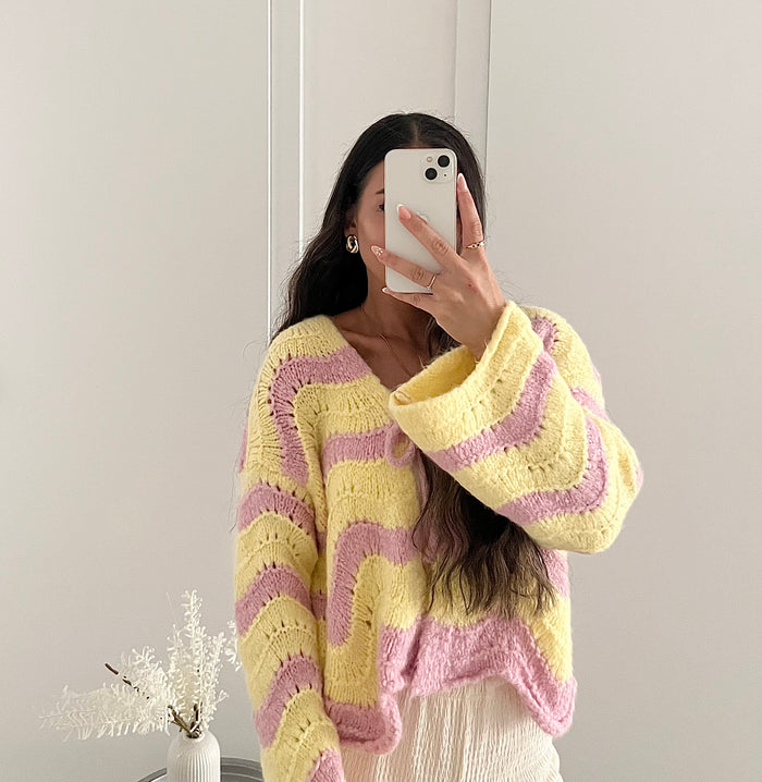 Strick-Cardigan mit Streifenmuster – Rosa/Gelb