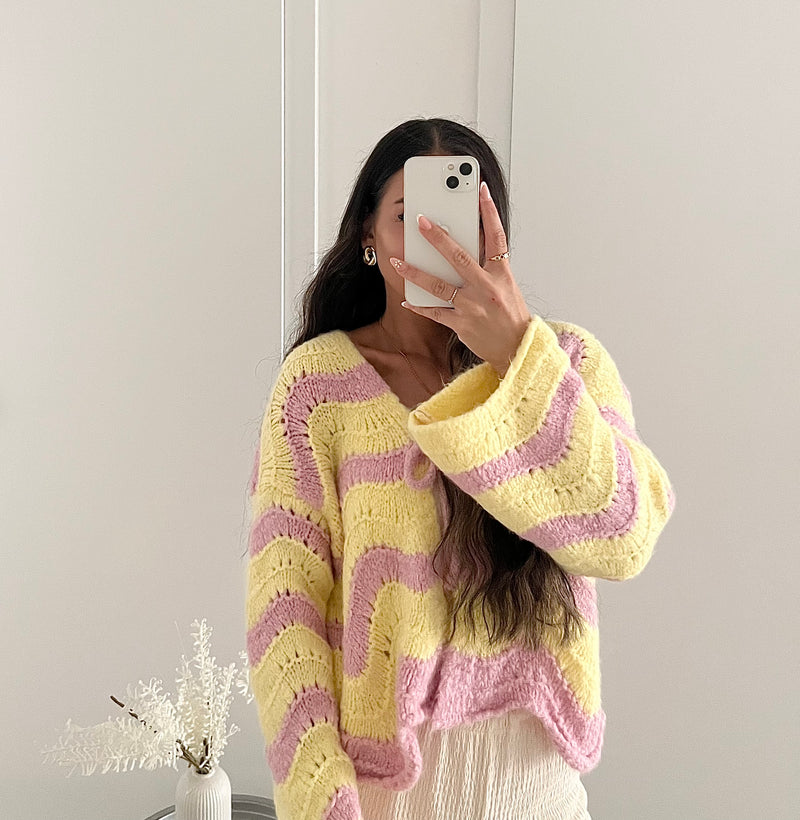 Strick-Cardigan mit Streifenmuster – Rosa/Gelb