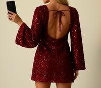 Pailletten-Minikleid mit Rückenausschnitt – Langarm – Rot