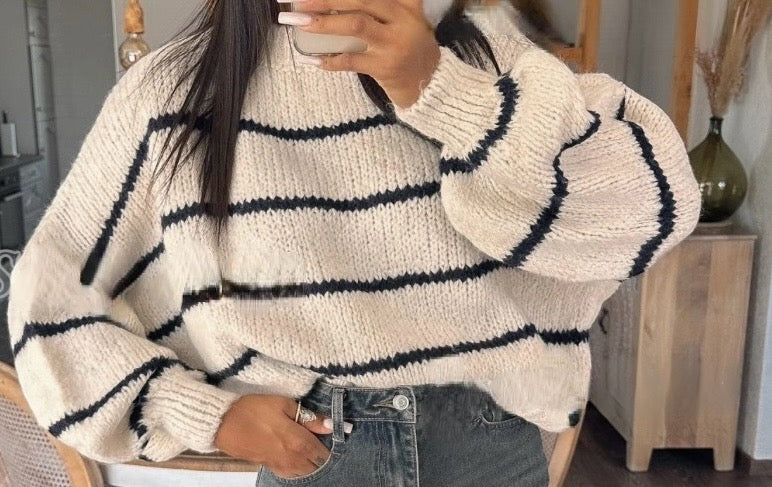 Oversize Gestreifter Pullover aus Wolle & Mohair - Creme