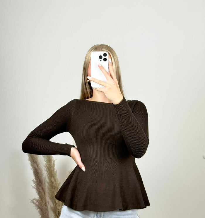 Rippstrick Peplum Oberteil - Braun