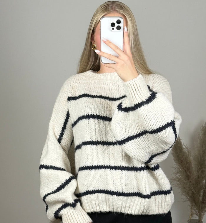 Oversize Gestreifter Pullover aus Wolle & Mohair - Creme