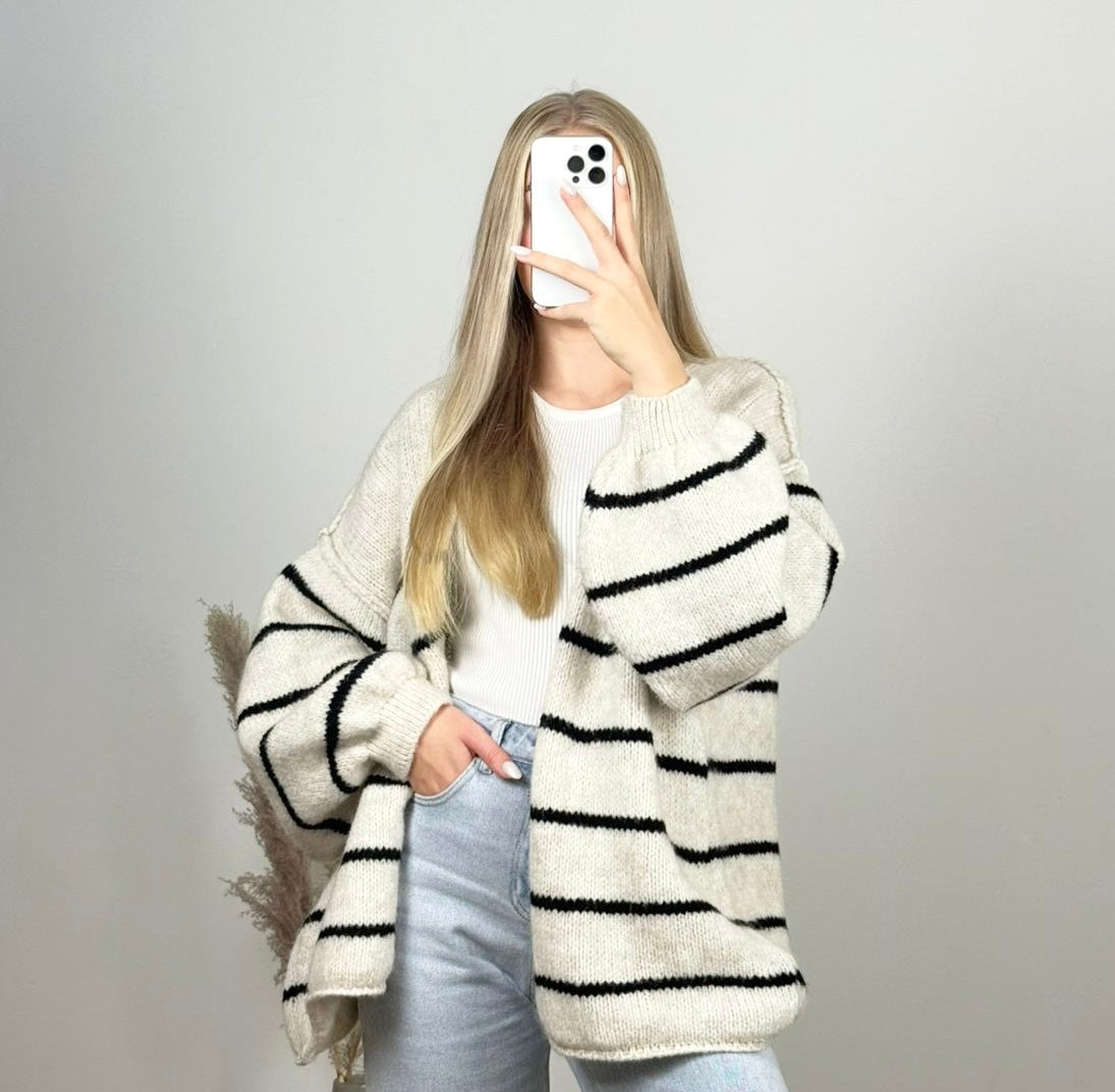 Oversized Woll-Cardigan mit Streifen | Weiß