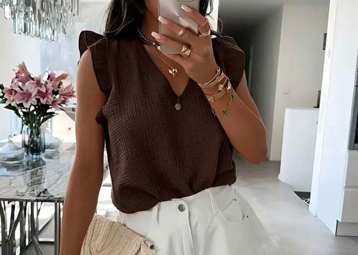Musselin Bluse mit Volantärmeln – Lockere Sommer Bluse mit V-Ausschnitt | Braun