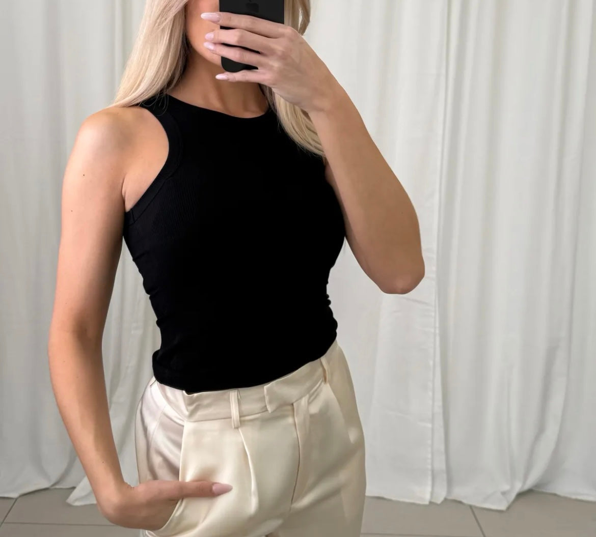 Ribbed Top Damen – Ärmelloses Basic Top | Schwarz
