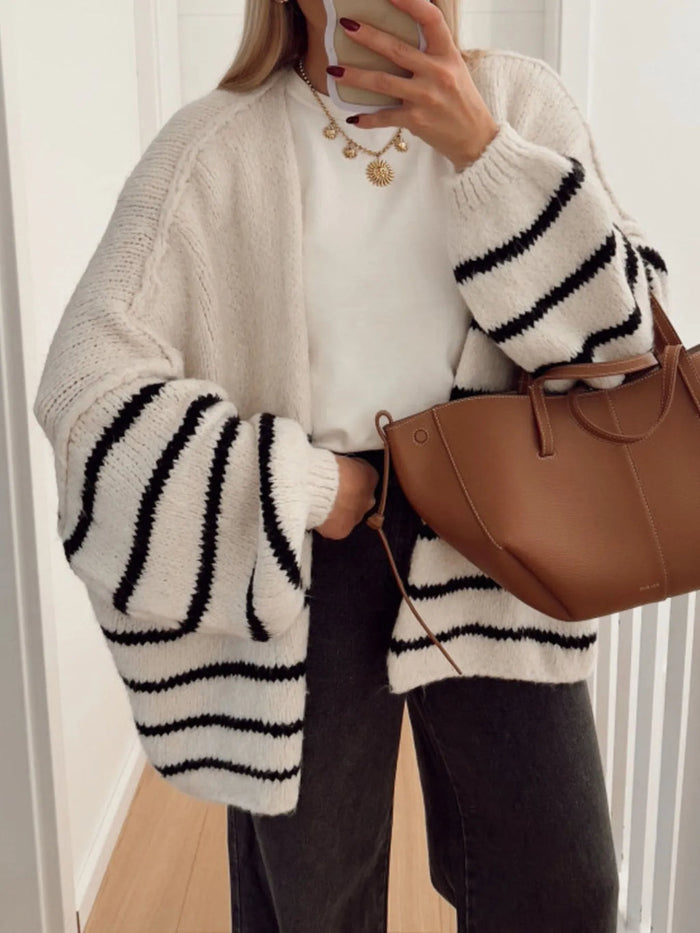 Oversized Woll-Cardigan mit Streifen | Weiß