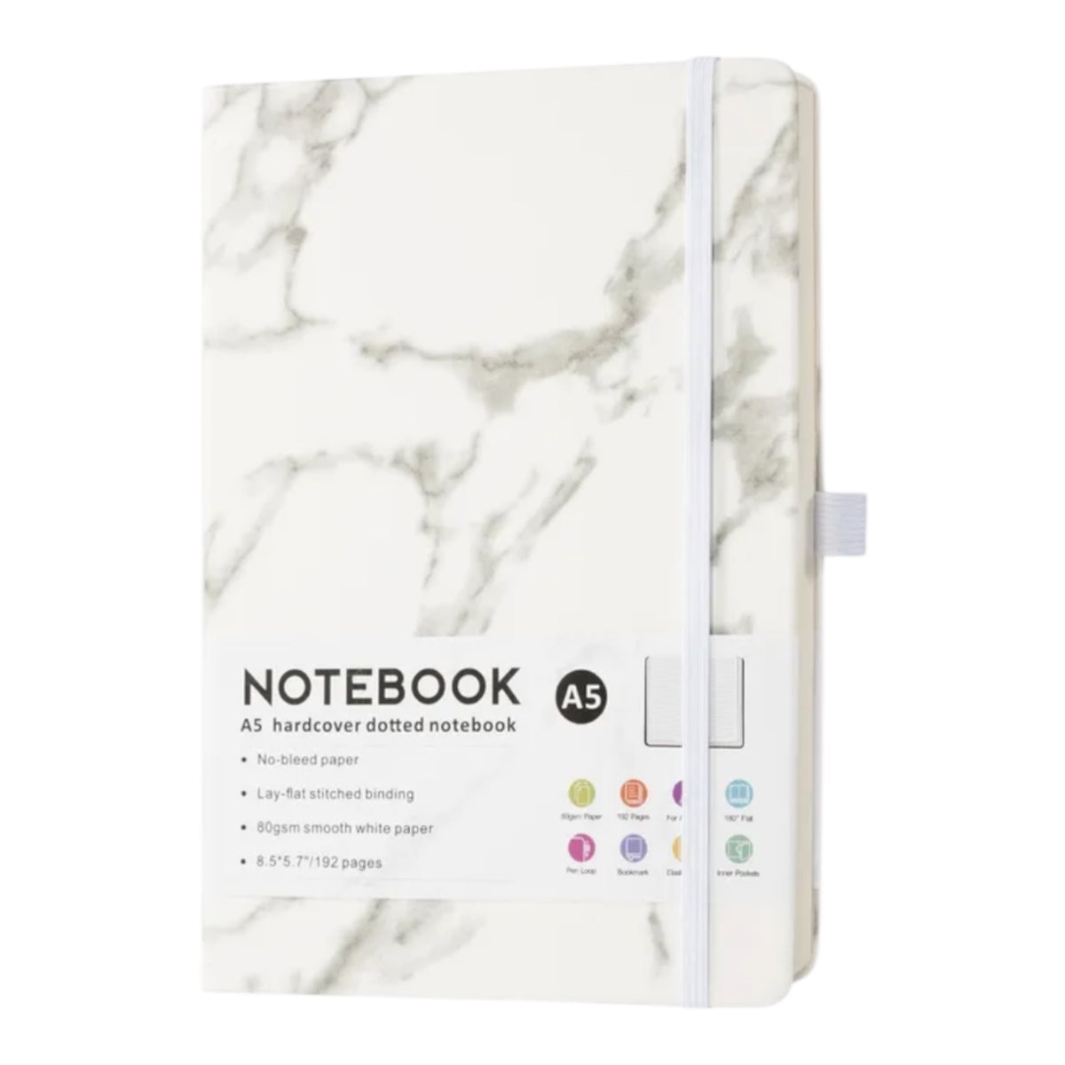 A5 Hardcover Notizbuch Marmor – Dotted Journal mit Gummiband & Stiftschlaufe – Weiß