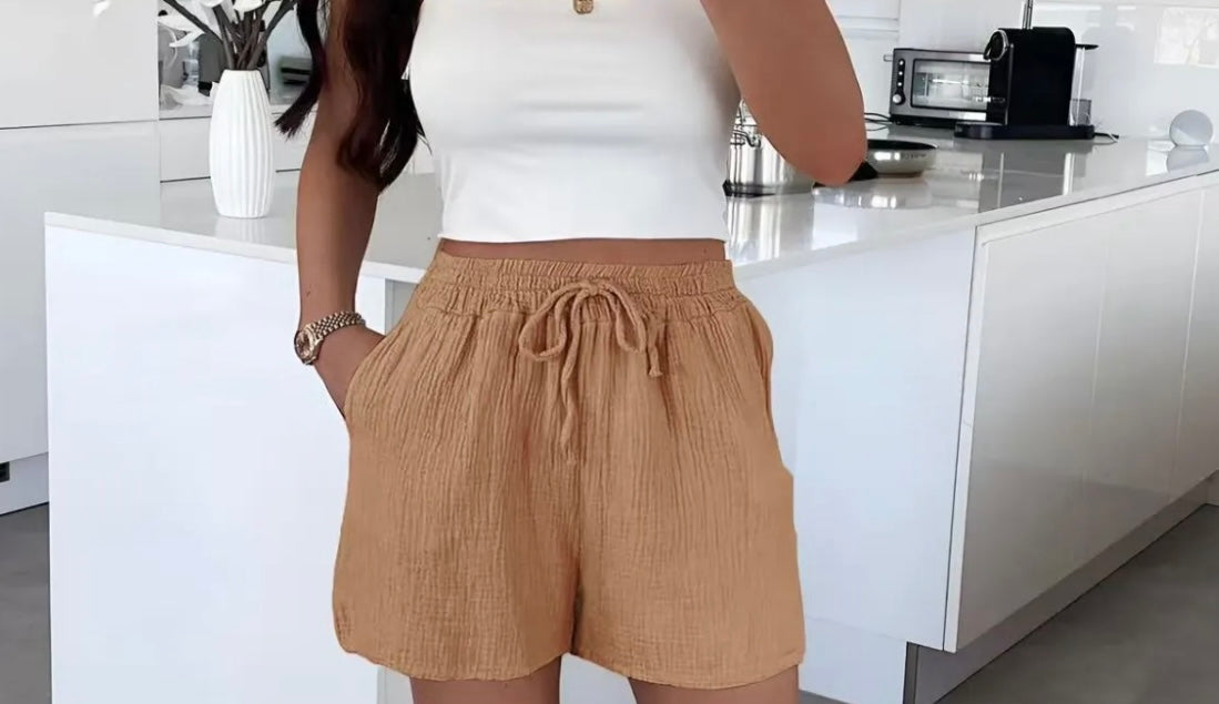 Musselin Shorts aus Baumwolle – Luftige Sommer Shorts mit Elastikbund | Camel