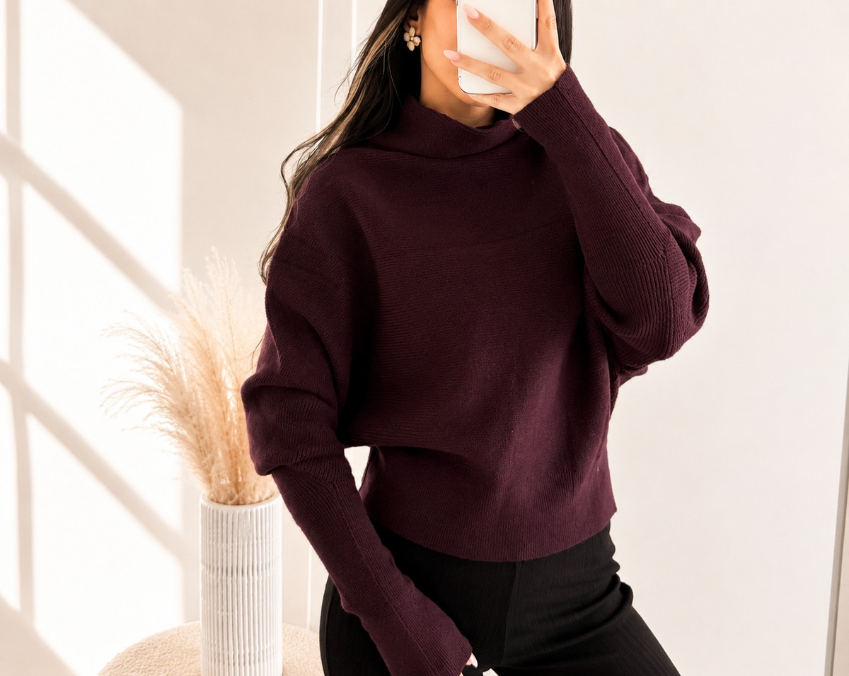 Fledermaus Strickpullover mit Taillenbund | Bordeaux