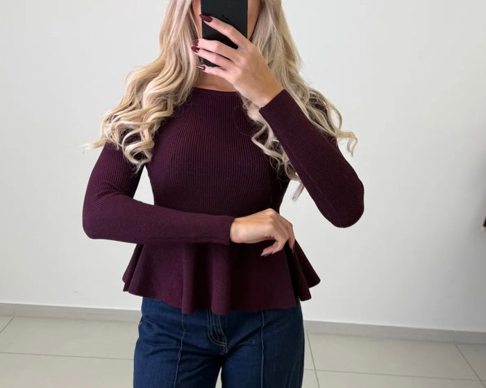 Rippstrick Peplum Oberteil - Braun