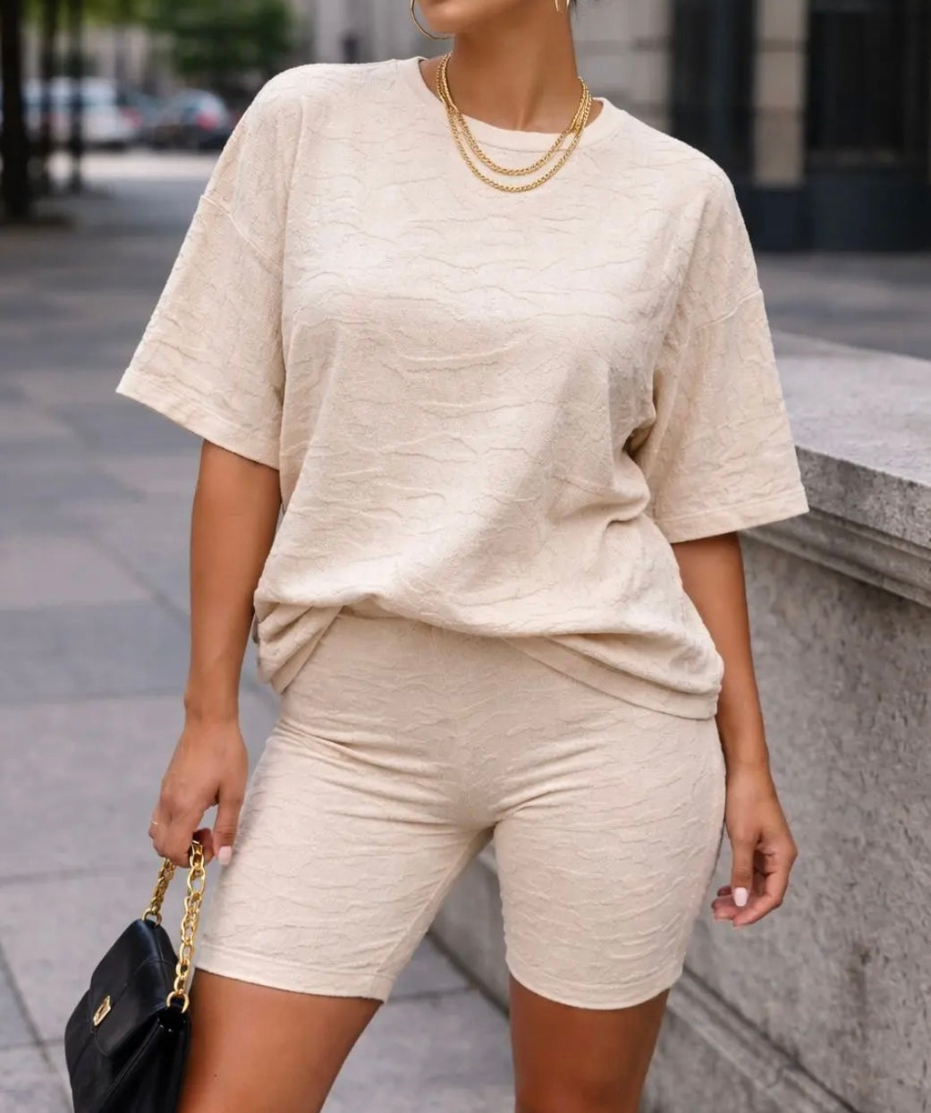 Vorbestellung | Lounge Set Kurz – Oversize T-Shirt & Biker Shorts | Beige