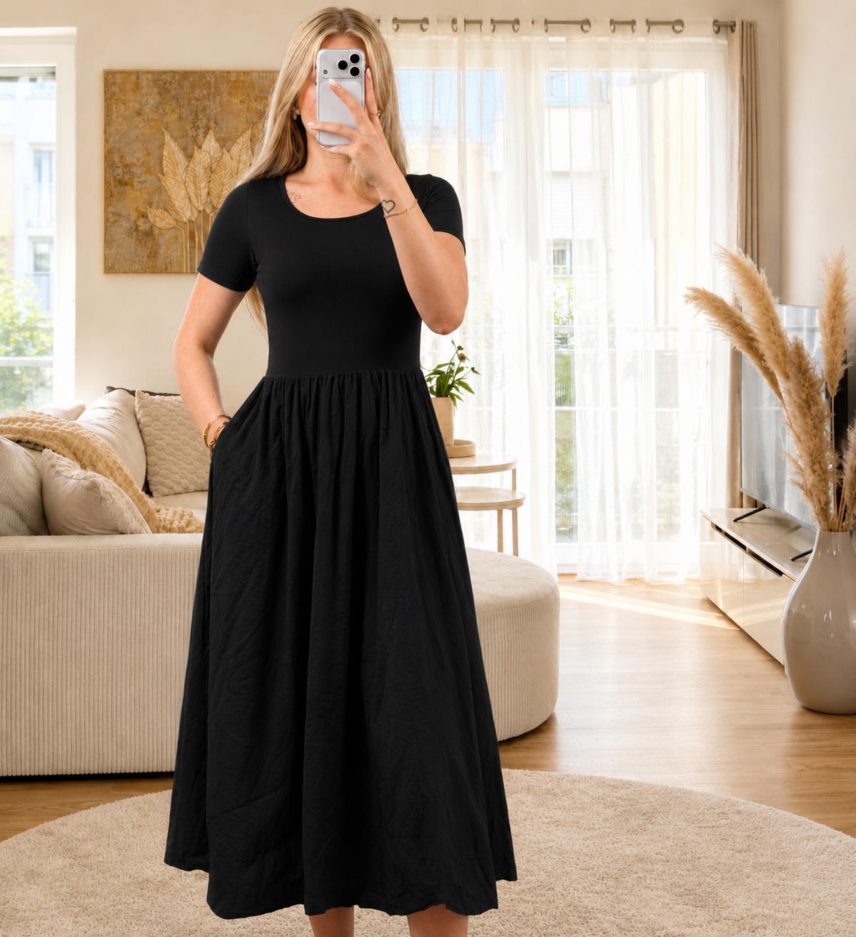 Midi Kleid aus Baumwolle mit Stretch – Kurzarm Kleid mit Taschen| Schwarz