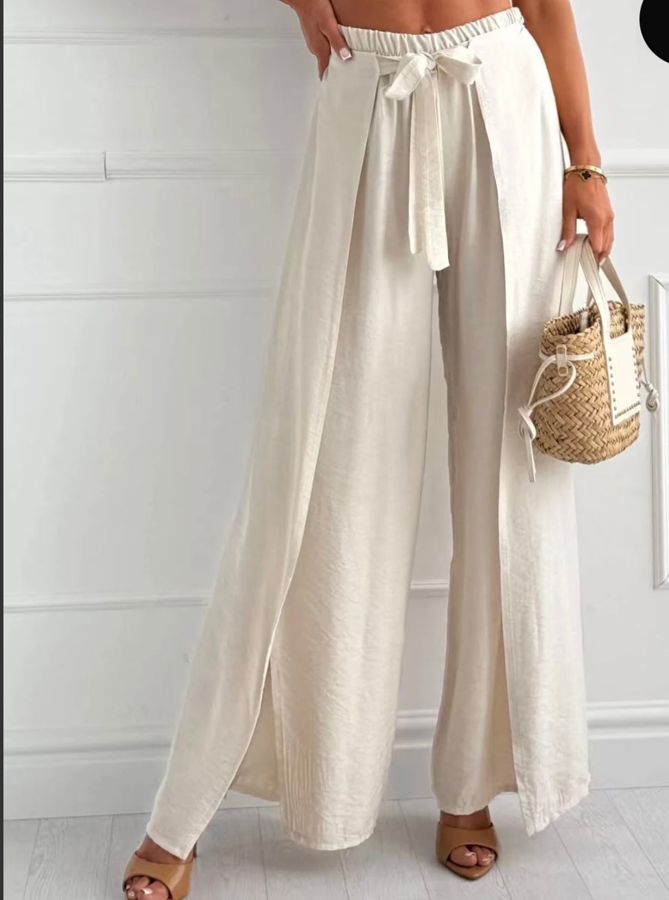 Vorbestellung | Palazzo Hose mit Schlitz – Leinen Viskose Sommerhose mit Bindegürtel | Beige