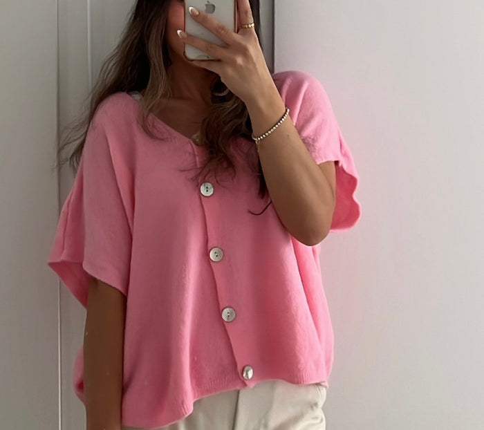 Kurzarm Strickjacke - Oversize | Rosa