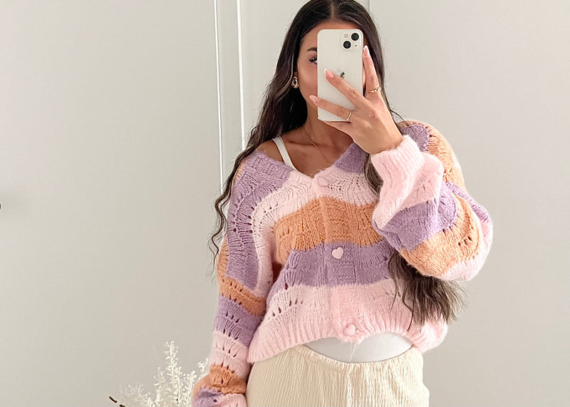 Strick-Cardigan mit Streifenmuster und Herzknöpfen – Rosq