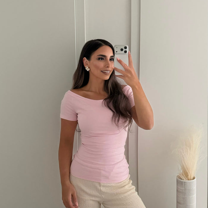 Basic Stretch schulterfreies Shirt – Figurbetontes T-Shirt | Rosa m