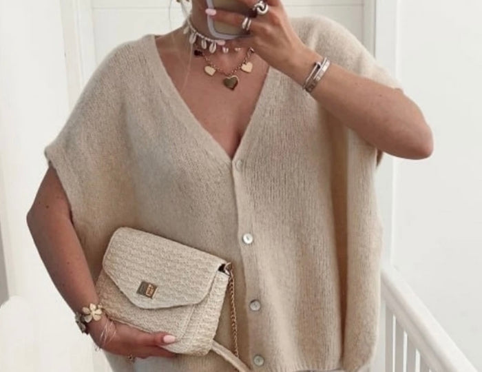 Kurzarm Strickjacke - Oversize | Beige