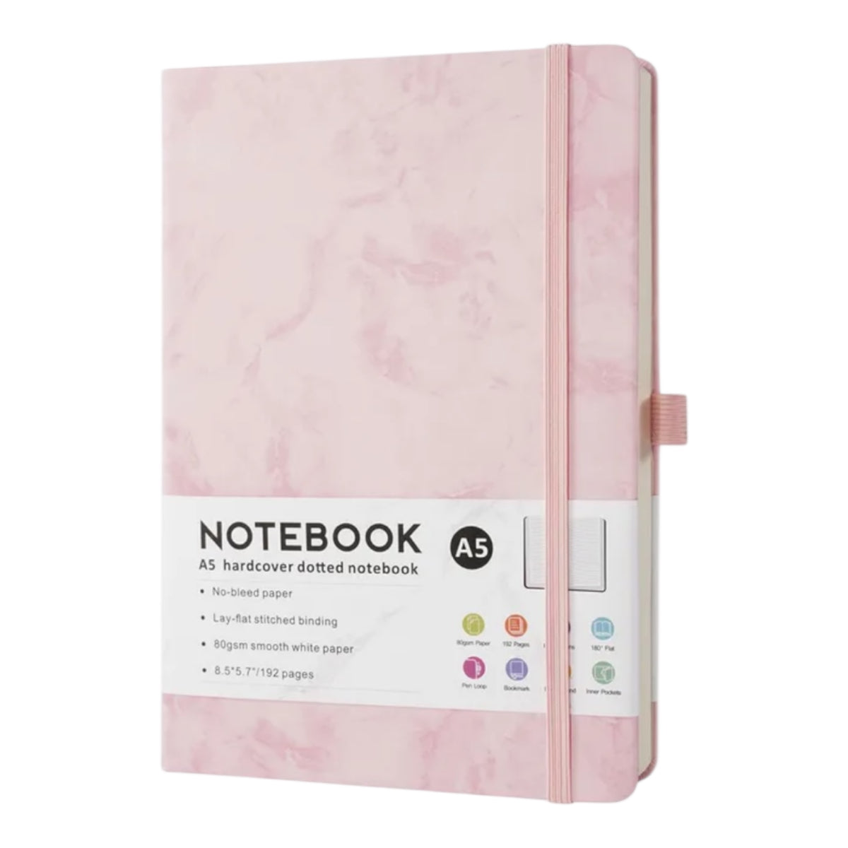 A5 Hardcover Notizbuch Marmor – Dotted Journal mit Gummiband & Stiftschlaufe – verschiedene Farben